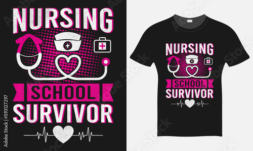 Nursing School Survivor - Nurse Cap Vector Tshirt - Nurse T-shirt Design Template - Print photo