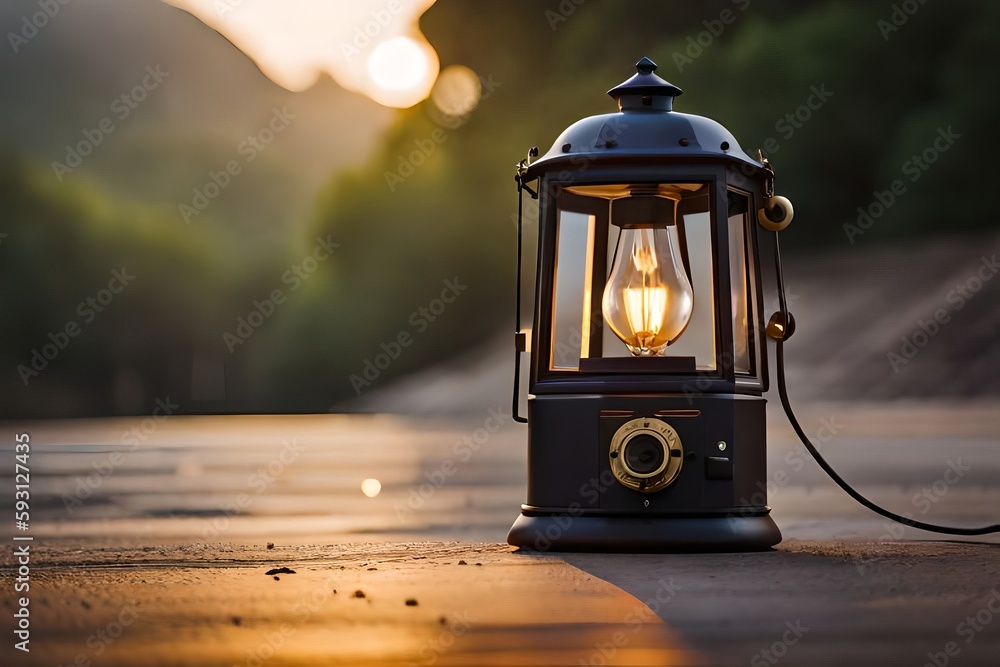 Lantern on the road at sunset. The concept of travel generative ai