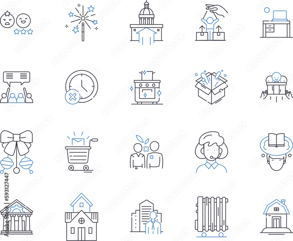 Community centers outline icons collection. Community, Centers, Community-Centers, Fun, Activities, Gatherings, Classes vector and illustration concept set. Recreation, Programs, Centers linear signs