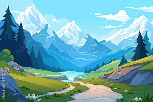 scenic mountain landscape with a flowing river. Generative AI