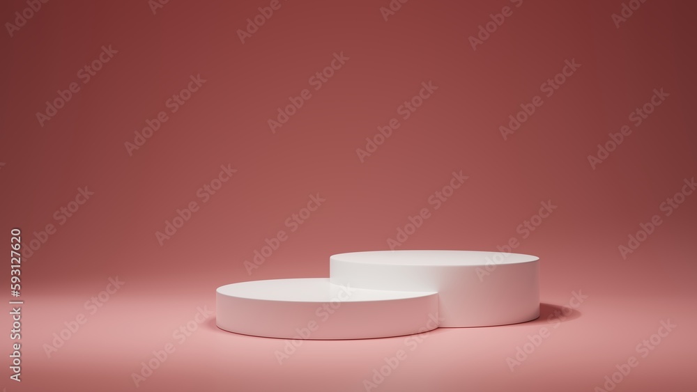 White empty podium or pedestal for product presentation on two floors, showcase of beauty and cosmetics product. Round mockup platform on red background. 3d rendering White empty podium or pedestal for product presentation on two floors, showcase of beauty and cosmetics product. Round mockup platform on red background. 3d rendering