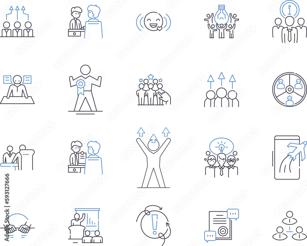 Team management outline icons collection. Teamwork, Cooperation, Organization, Leadership, Planning, Processes, Communication vector and illustration concept set. Delegation, Coordination