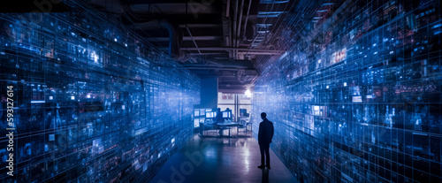 Illustration of futuristic AI computer network monitoring center. All computers are controlled by AI leading to mass layoffs and the firing of employees. The AI takeover. (generative AI) 
