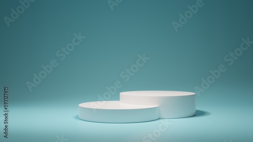 White empty podium or pedestal for product presentation on two floors, showcase of beauty and cosmetics product. Round mockup platform on blue background. 3d rendering