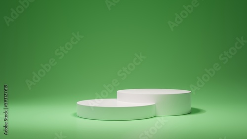 White empty podium or pedestal for product presentation on two floors, showcase of beauty and cosmetics product. Round mockup platform on green background. 3d rendering