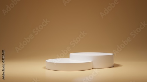 White empty podium or pedestal for product presentation on two floors, showcase of beauty and cosmetics product. Round mockup platform on yellow background. 3d rendering