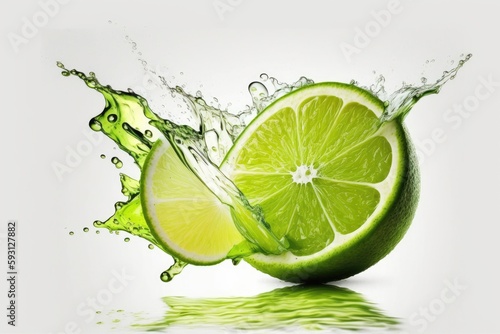 Slice of a fresh lime with splash of water isolated on white backdrop. Generative AI