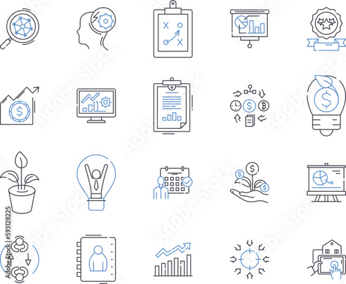 Bookkeeping outline icons collection. Bookkeeping, Accounting, Finances, Ledger, Records, Balance, Reconcile vector and illustration concept set. Transaction, Expenses, Income linear signs