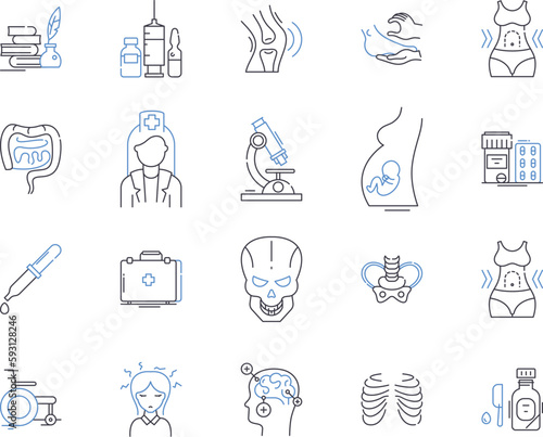 Health treatment outline icons collection. Therapy, Care, Healing, Prevention, Cure, Remedy, Medication vector and illustration concept set. Treatment, Surgery, Rehabilitation linear signs