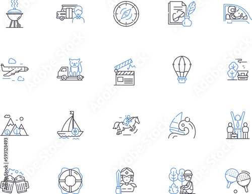 Budget travel outline icons collection. Cheap, Budget, Affordable, Frugal, Economic, Thrifty, Low-cost vector and illustration concept set. Discounted, Sightseeing, Touring linear signs