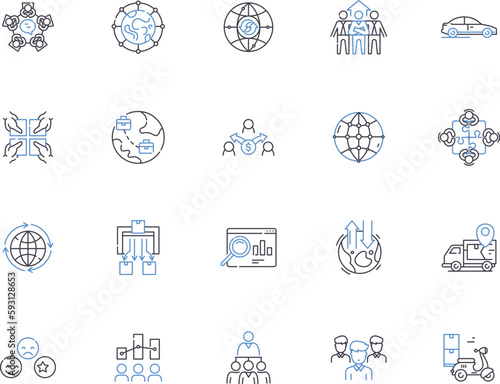 Distribution outline icons collection. Distribution, Spread, Allocation, Dissemination, Circulation, Partition, Shipment vector and illustration concept set. Delivery, Dispersal, Sharing linear signs