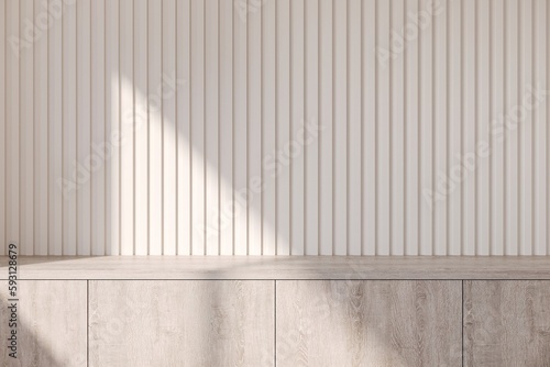 3D rendering  close up empty space of  low cabinet with white lath background