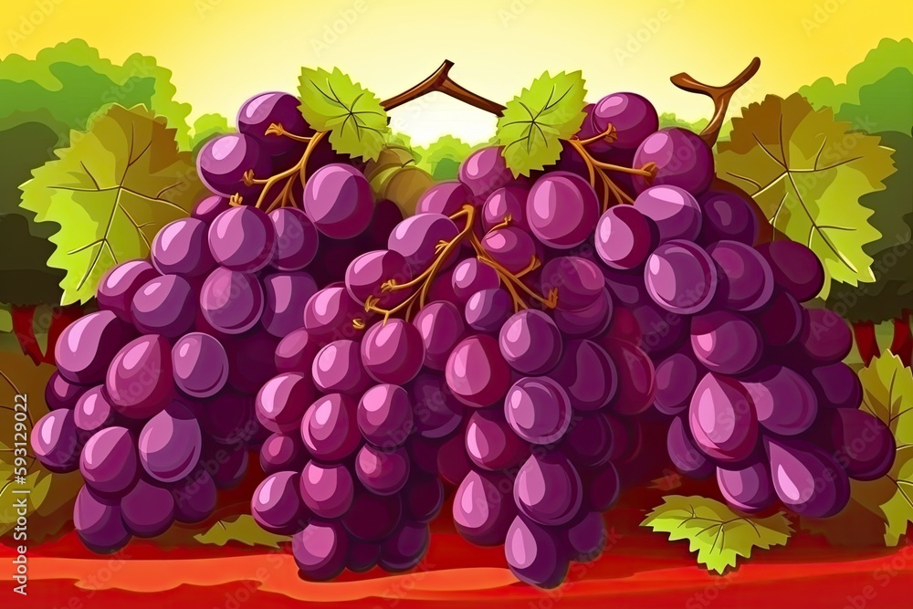 Fototapeta premium cluster of ripe purple grapes hanging from a vine. Generative AI