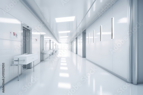 Hospital bright white modern corridor hall with rooms from generative ai
