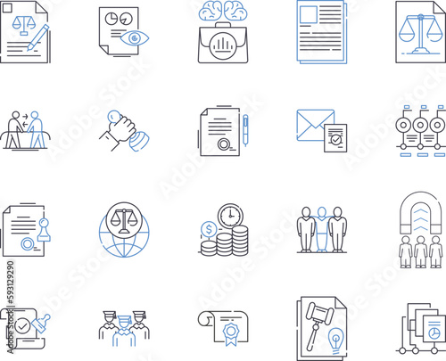 Attorney agency outline icons collection. Lawyer, Attorney, Legal, Firm, Practice, Counsel, Representation vector and illustration concept set. Law, Litigation, Services linear signs