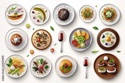 food dishes in a set, all different, isolated on a white background. Generative AI