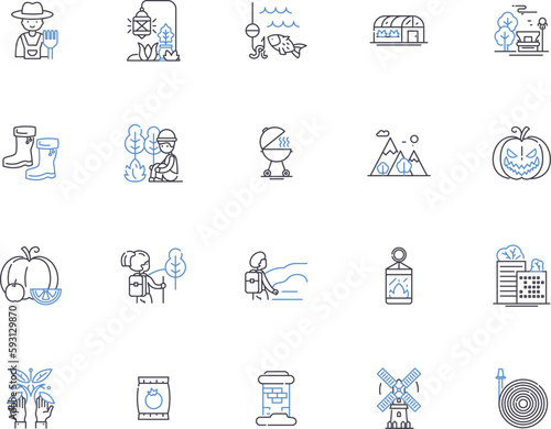 Village outline icons collection. Village, settlement, hamlet, township, rural, homestead, suburban vector and illustration concept set. countryside, town, populace linear signs