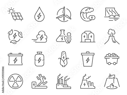 Energy types icon set. It included solar power, wind energy, coal, gas, electricity, and more icons.