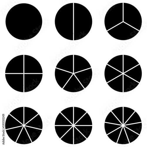 Set of fraction circles with same size. Fraction pie divided into slices. Whole, halves, thirds, quarters, fifths, sixths, sevenths, eighths and ninths fractions. Vector illustration.