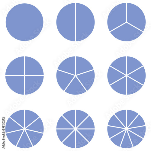 Set of fraction circles with same size. Fraction pie divided into slices. Whole, halves, thirds, quarters, fifths, sixths, sevenths, eighths and ninths fractions. Vector illustration.