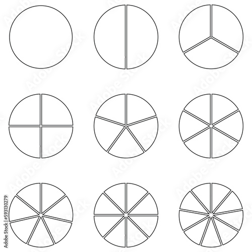 Set of fraction circles with same size. Fraction pie divided into slices. Whole, halves, thirds, quarters, fifths, sixths, sevenths, eighths and ninths fractions. Vector illustration.