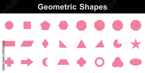 Set of 2D geometric shapes in math. Circle, square, pentagon, hexagon, heptagon, octagon,decagon, parallelogram, kite, triangle, pic, crescent, arrow, heart, quatrefoil, ring, star, cross and trefoil