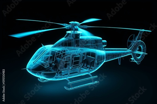3D rendering illustration Helicopter blueprint glowing neon hologram futuristic show technology security for premium product business finance transportation. Generative AI
