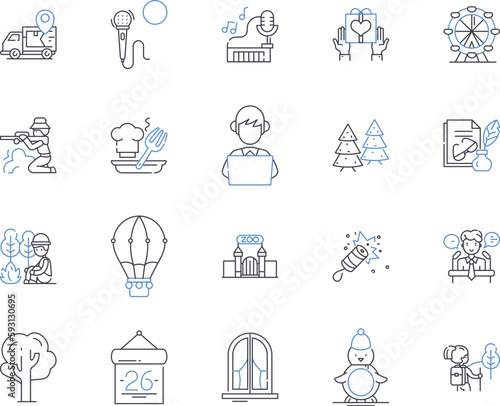 Parties and holidays outline icons collection. Parties, Holidays, Celebrations, Festivities, Events, Gatherings, Entertaining vector and illustration concept set. Fun, Joyful, Festive linear signs