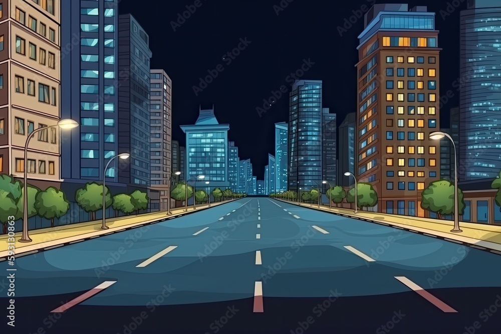 Naklejka premium bustling city street at night with towering skyscrapers. Generative AI