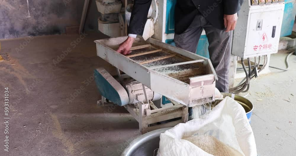 Asian male farmer operating rice milling machine to turn rough, paddy or unhulled rice into rice in Village in Hunan, China Asian male farmer operating rice milling machine to turn rough, paddy or unhulled rice into rice in Village in Hunan, China