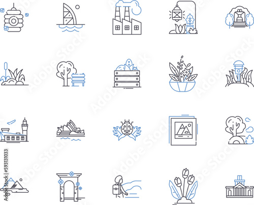 City parks outline icons collection. Urban, Parks, Outdoor, Public, Trails, Gardens, Recreation vector and illustration concept set. Playgrounds, Amenities, Trees linear signs