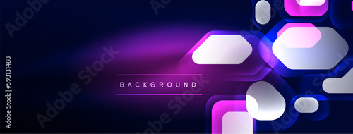 Glowing neon geometric elements abstract background. Neon light or laser show, electric impulse, power lines, techno quantum energy impulse, magic glowing dynamic lines