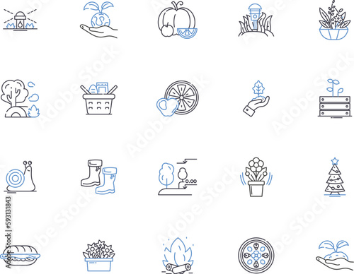 Agriculture outline icons collection. Farming, Cropping, Horticulture, Livestock, Produce, Tillage, Irrigation vector and illustration concept set. Plantation, Harvesting, Pests linear signs