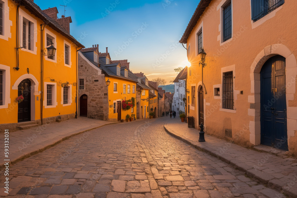 Fototapeta premium cobblestone street in a historic city, with old buildings on each side and the dawn sky in the background. Generative AI