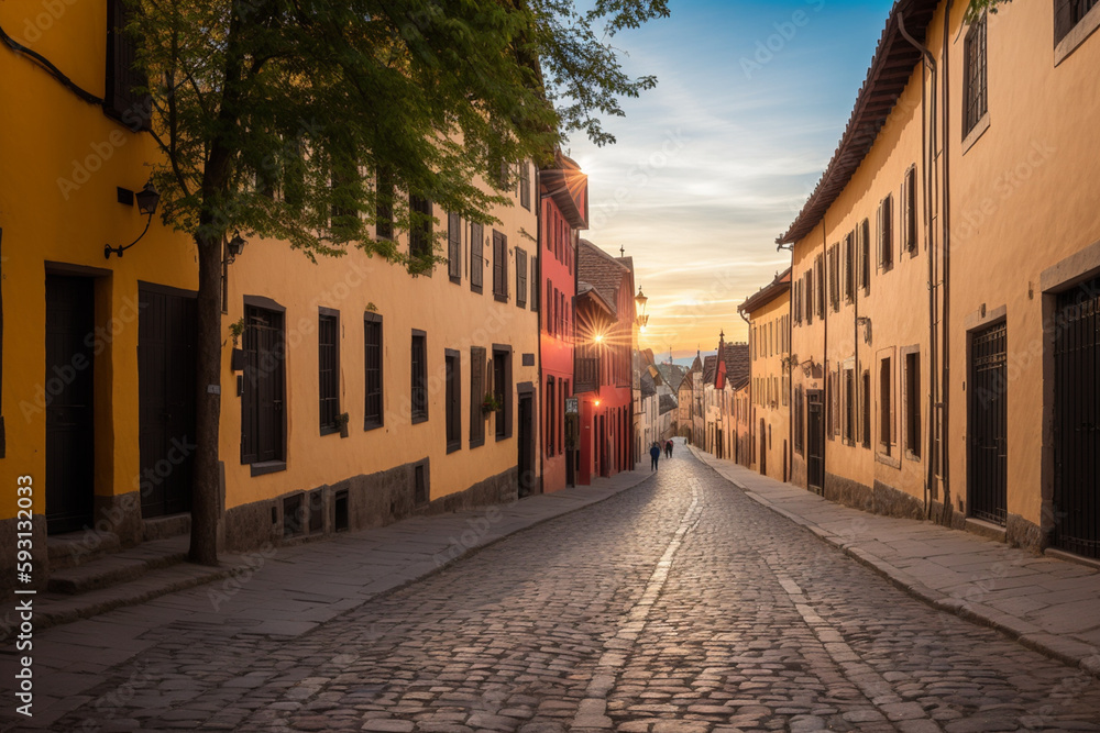 cobblestone street in a historic city, with old buildings on each side and the dawn sky in the background. Generative AI