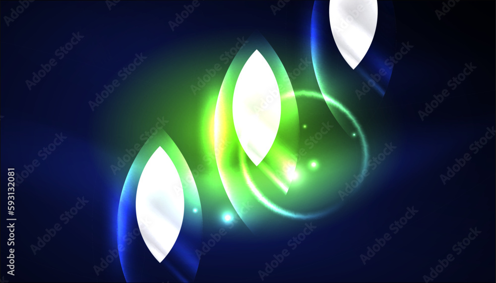 Fototapeta premium Abstract background techno neon glowing circle shapes and round elemetns with light flare effects. Hi-tech design for wallpaper, banner, background, landing page, wall art, invitation, prints, posters