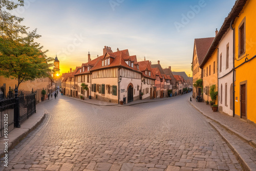 cobblestone street in a historic city, with old buildings on each side and the dawn sky in the background. Generative AI