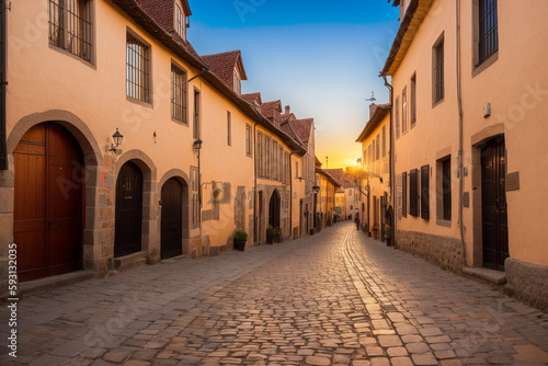 cobblestone street in a historic city, with old buildings on each side and the dawn sky in the background. Generative AI