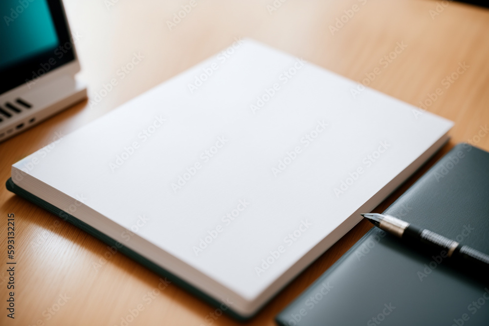 Desk with pad of paper and pen on top. Generative AI Desk with pad of paper and pen on top. Generative AI