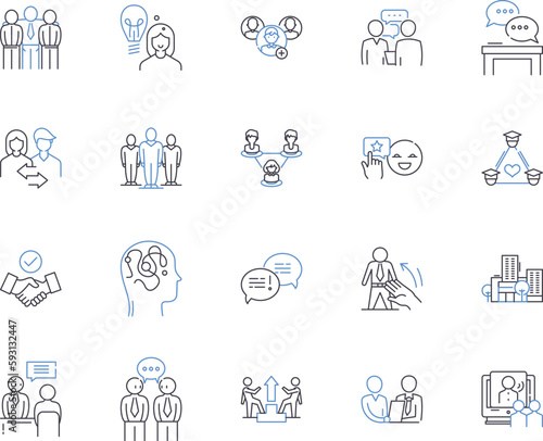 Virtual meeting outline icons collection. Online, Conferencing, Videoconferencing, Webinar, Teleconferencing, Zoom, Hangout vector and illustration concept set. Collaboration, Gatherings, Webcasting