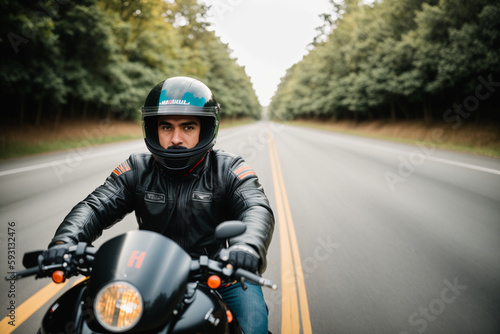 Man in a helmet riding a motorcycle. Generative AI © Carlos Cainã