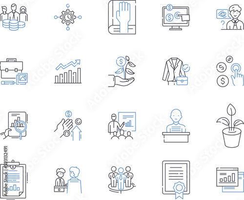 Accounting and documents outline icons collection. Accounting, Documents, Audit, Ledger, Payables, Receivables, Spreadsheet vector and illustration concept set. Tax, Balance, Expense linear signs