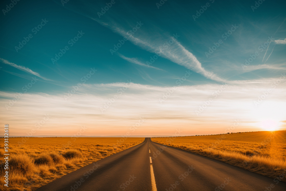 road surrounded by fields of dry grass under a sky during sunset. Generative AI