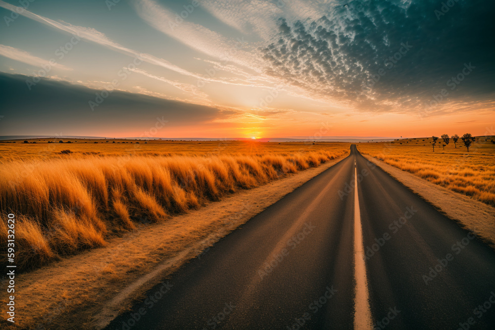 road surrounded by fields of dry grass under a sky during sunset. Generative AI