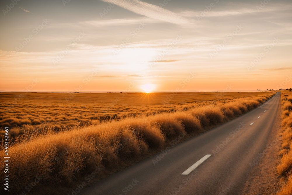 road surrounded by fields of dry grass under a sky during sunset. Generative AI