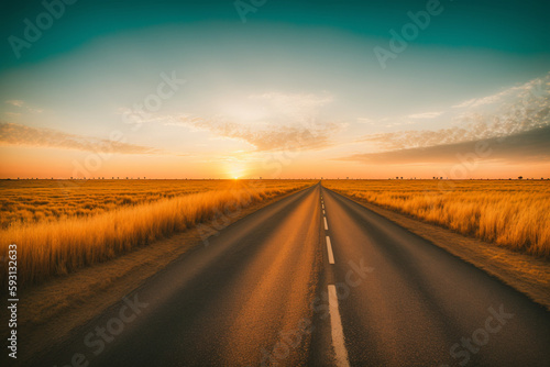 road surrounded by fields of dry grass under a sky during sunset. Generative AI