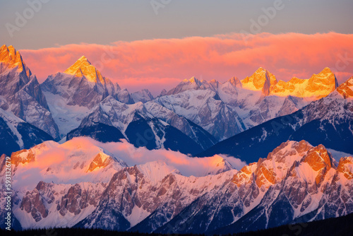 Snow-covered mountains at dusk. Generative AI © Carlos Cainã