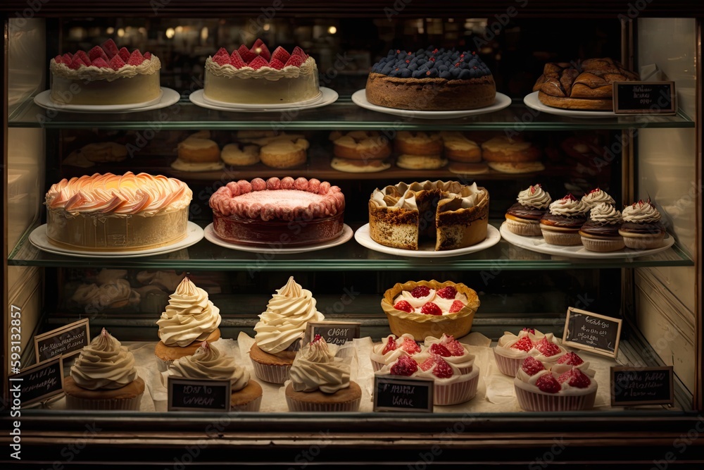 Various desserts are on display at a neighborhood bakery. Generative AI Various desserts are on display at a neighborhood bakery. Generative AI
