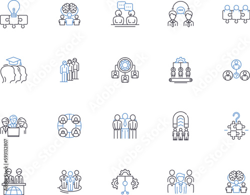 Conference outline icons collection. Meeting, Event, Gathering, Seminar, Summit, Forum, Retreat vector and illustration concept set. Assembly, Symposium, Expo linear signs photo