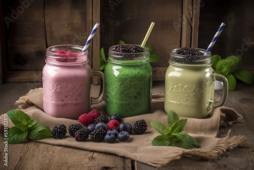 Smoothies with fresh berries, mint, and blackberries in glasses. Generative AI